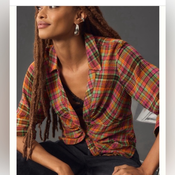 Pilcro Tops - Anthropologie Pilcro 2X Ruched Deep-V Orange/Pink Plaid Gauzy Button Down